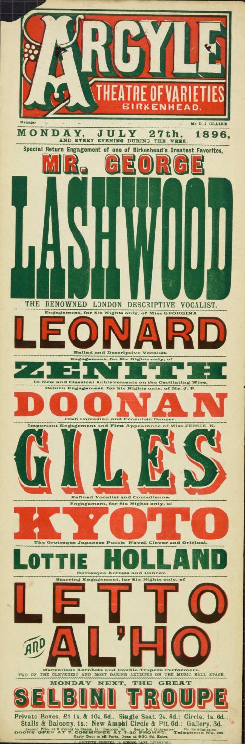 Playbill for Argyle Theatre, Birkenhead. 1896