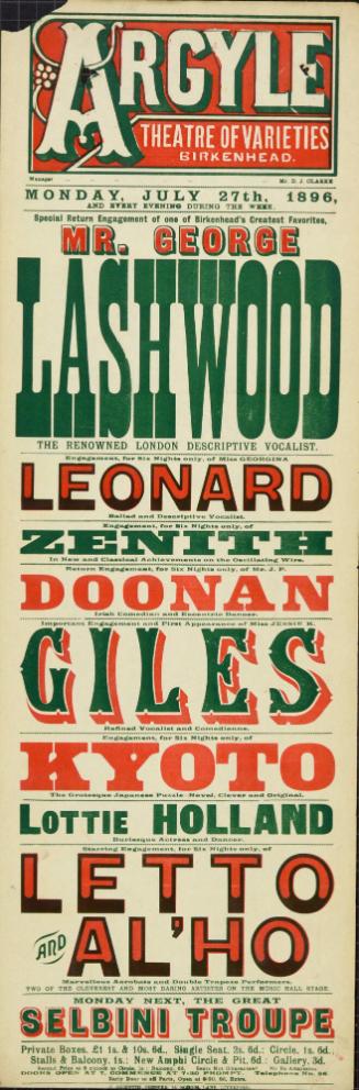Playbill for Argyle Theatre, Birkenhead. 1896