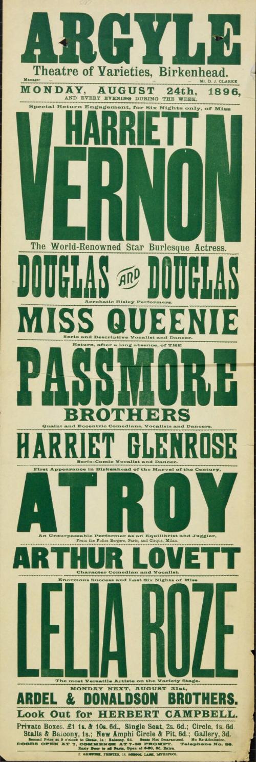 Playbill for Argyle Theatre, Birkenhead. 1896