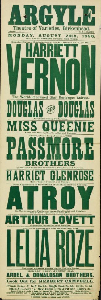 Playbill for Argyle Theatre, Birkenhead. 1896