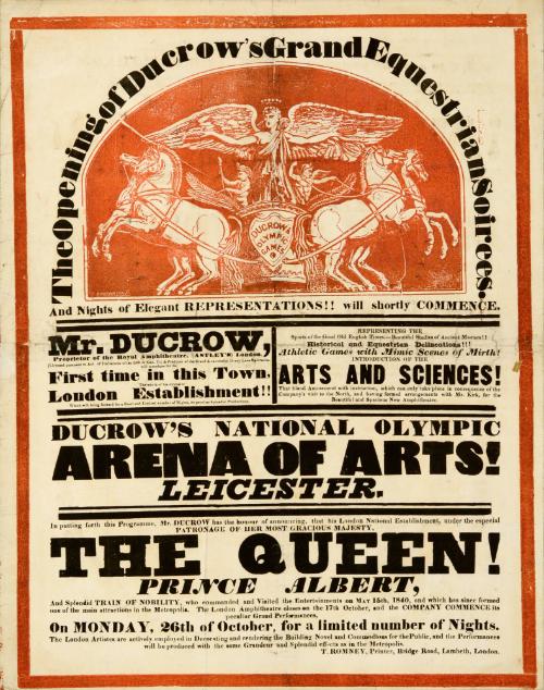 Playbill for Ducrow's National Olympic Arena of Arts, Leicester. October 26, 1840