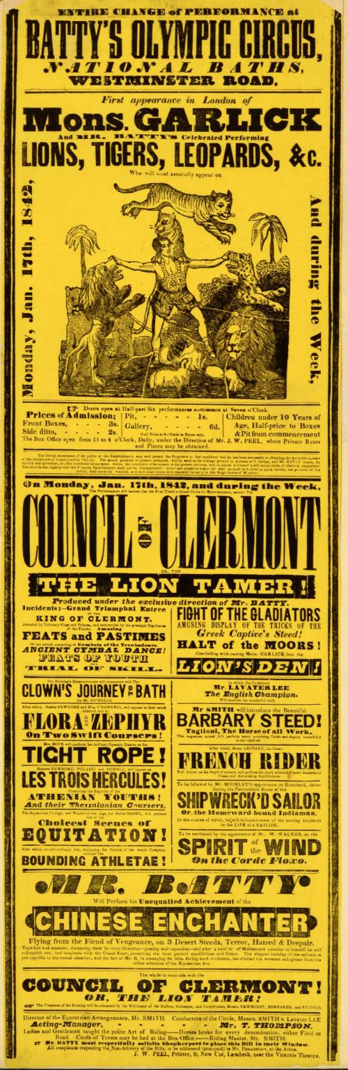 Playbill for Batty's Olympic Circus, National Baths. January 17, 1842