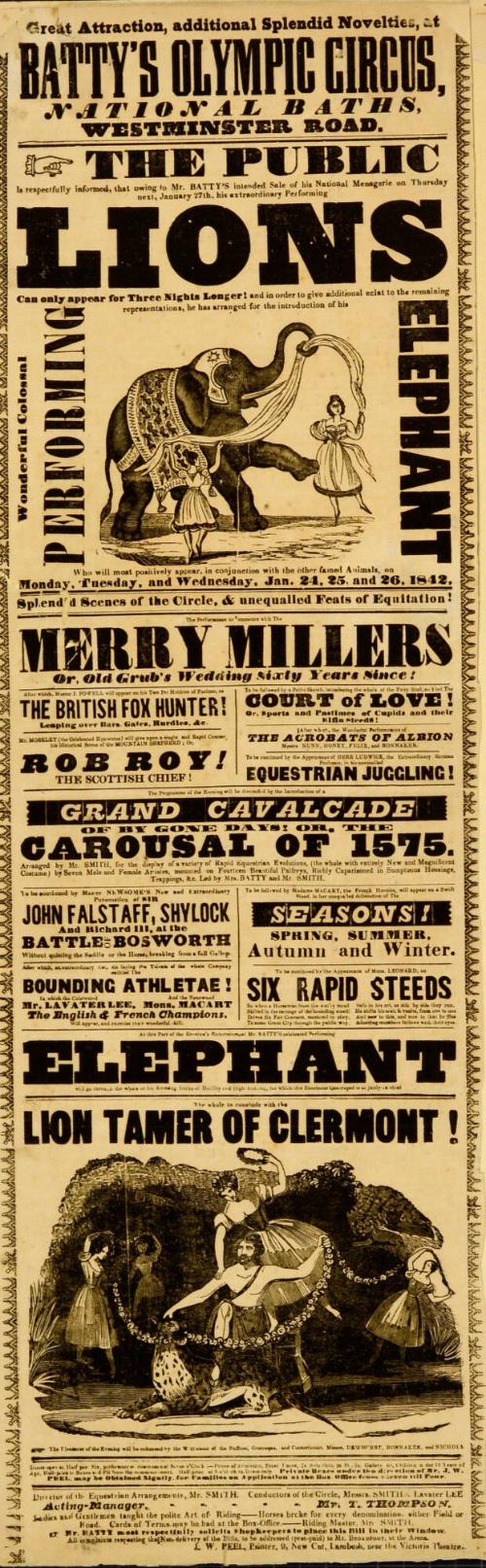 Playbill for Batty's Olympic Circus.  January 24, 1842