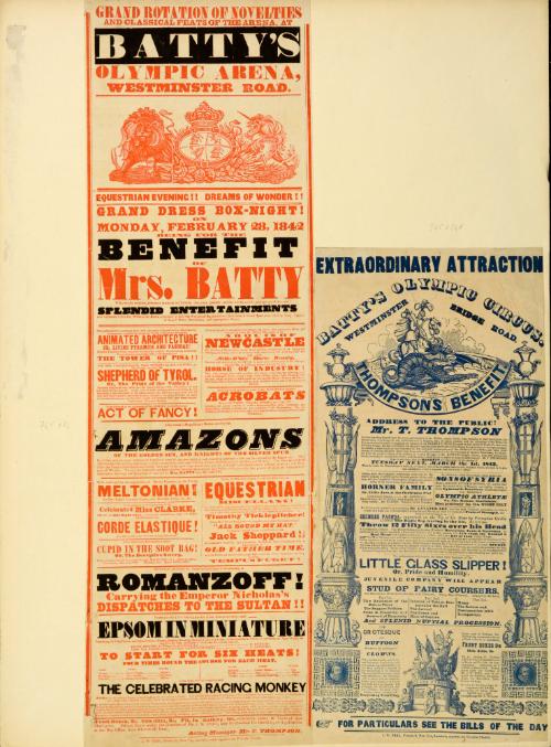 Two Bills. One Playbill for Batty's Olympic Arena, One for Batty's Olympic Circus. February 28, 1842