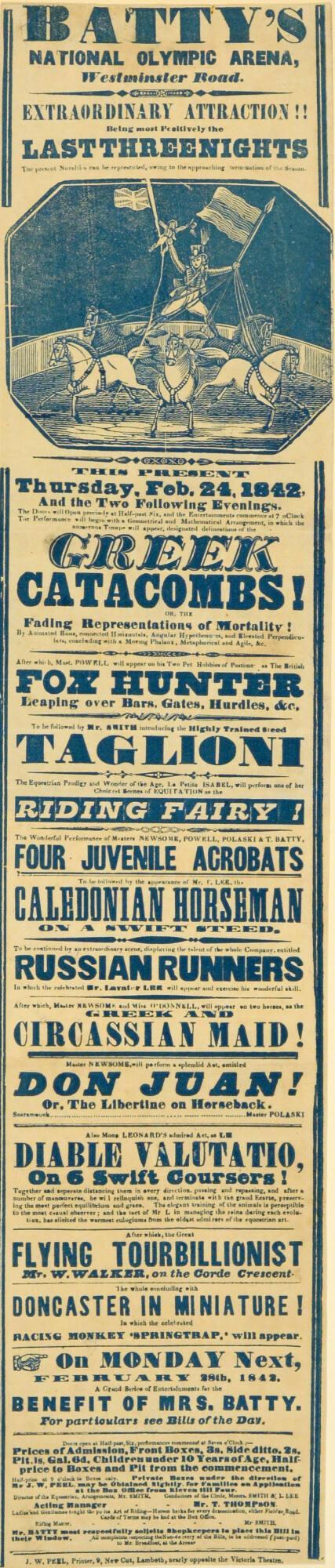 Playbill for Batty's National Olympic Arena. February 24, 1842