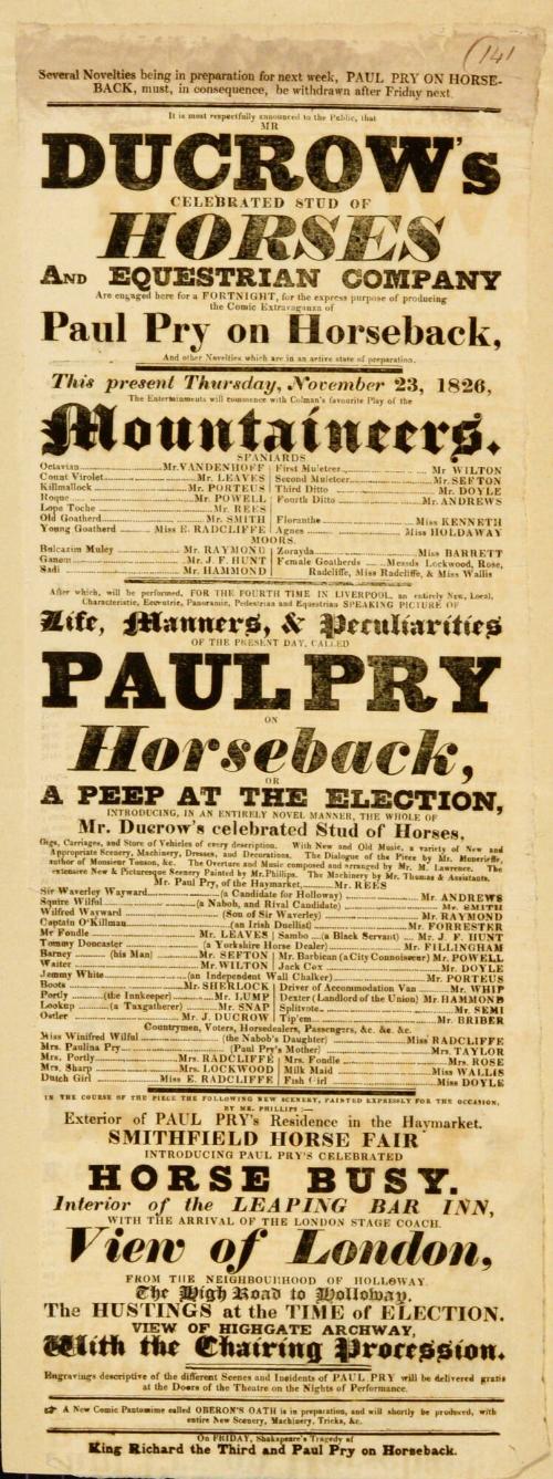 Playbill for Ducrow's Celebrated Stud of Horses. November 23, 1843