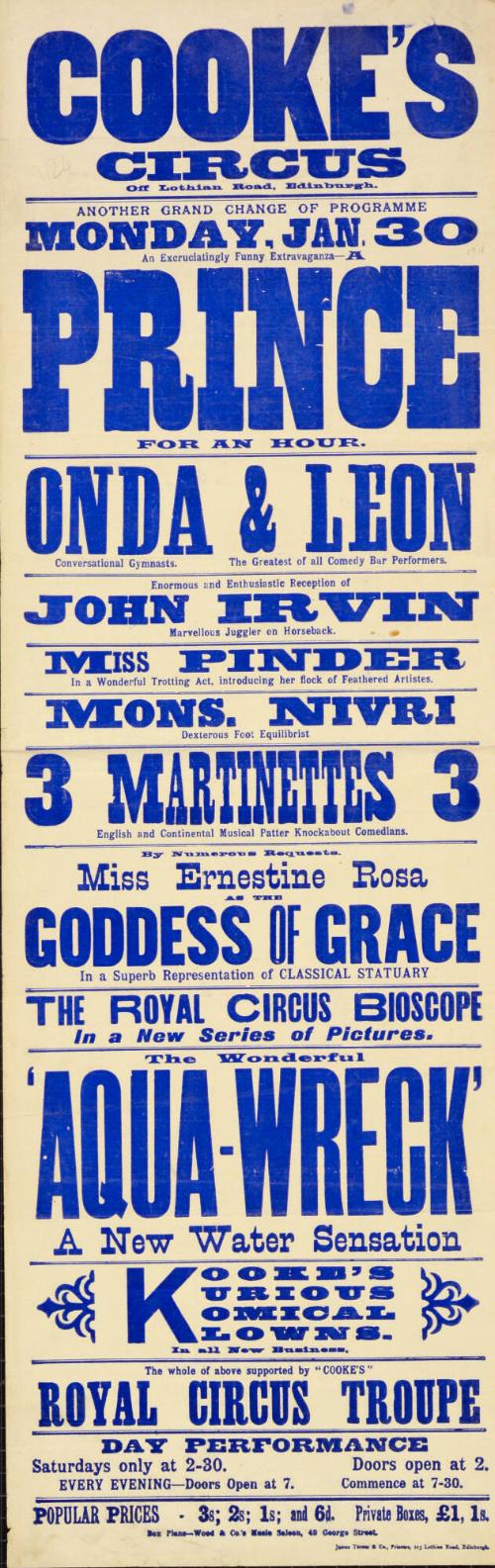 Playbill for Cooke's Circus. January 30, 1911