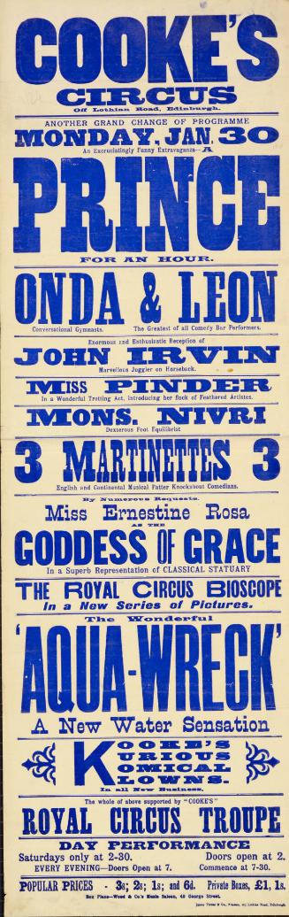 Playbill for Cooke's Circus. January 30, 1911