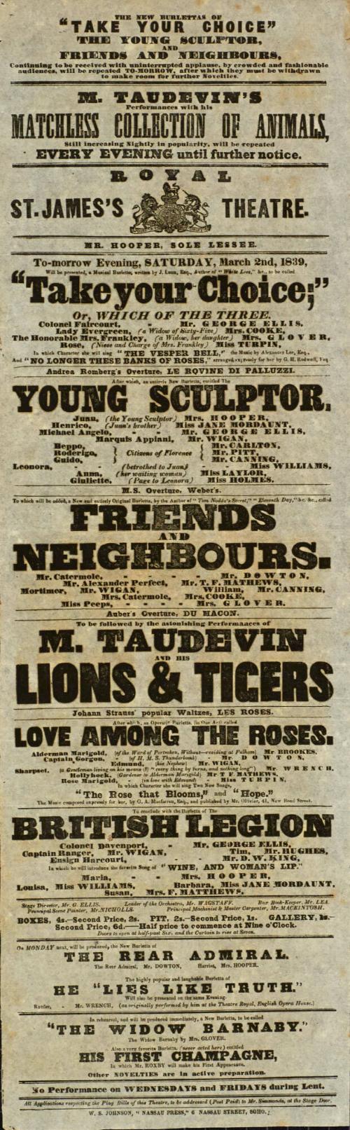 Royal St. James Theatre. March 2, 1839