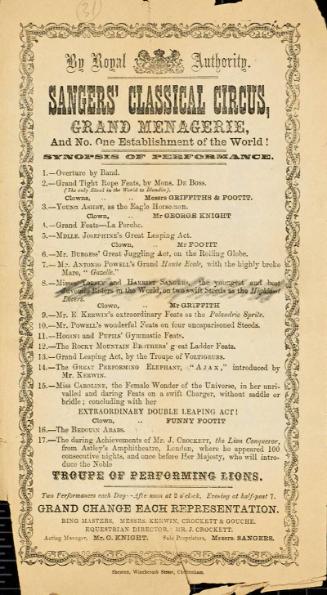 Program for Sangers' Classical Circus and Grand Menagerie. undated