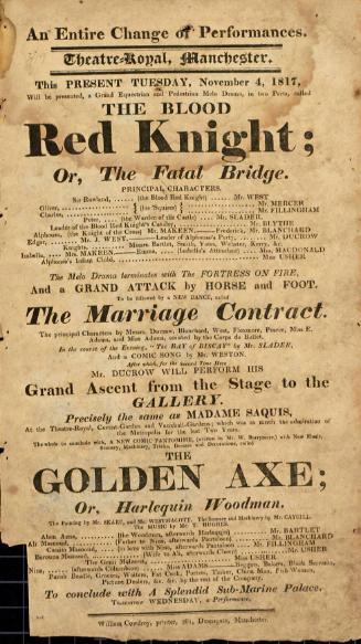 Handbill for Theatre Royal, Manchester. November, 1817
