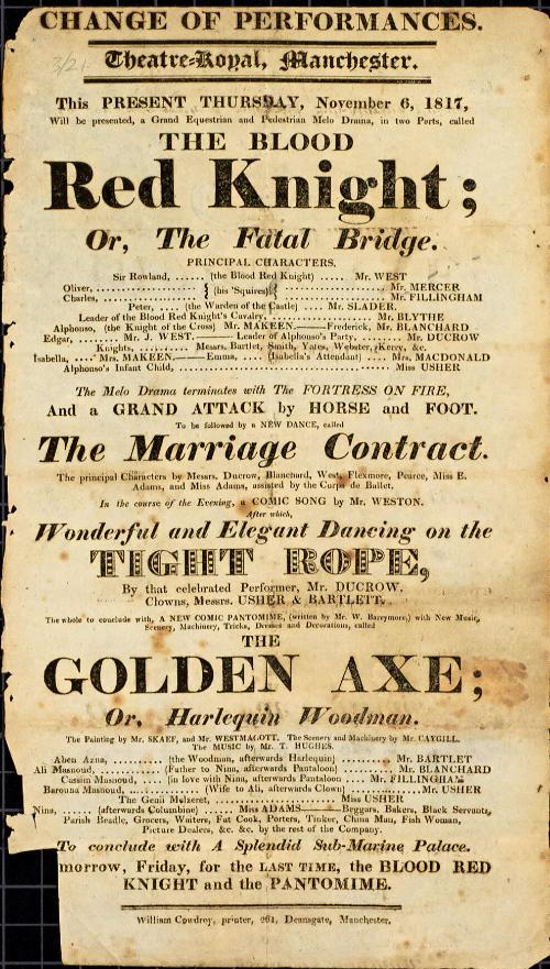 Handbill for Theatre Royal, Manchester. November, 1817