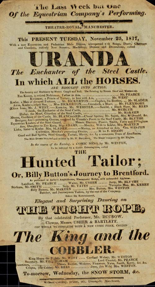 Handbill for Theatre Royal, Manchester. November, 1817