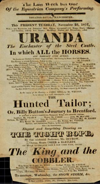 Handbill for Theatre Royal, Manchester. November, 1817
