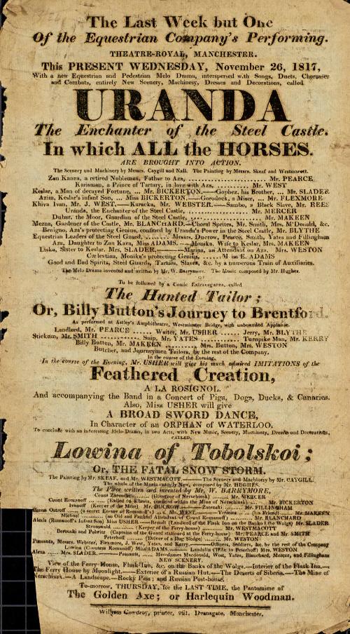 Handbill for Theatre Royal, Manchester. November, 1817