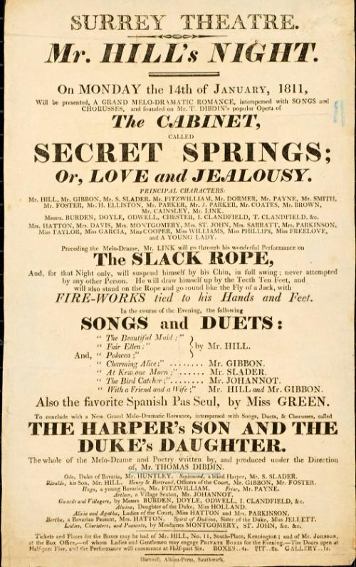 Handbill for Surrey Theatre. January 14, 1811