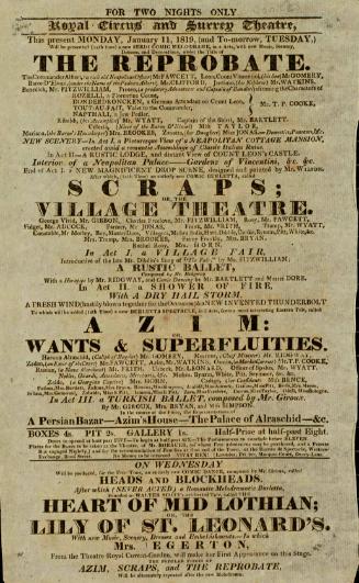 Handbill for Royal Circus and Surrey Theatre. January 11, 1819