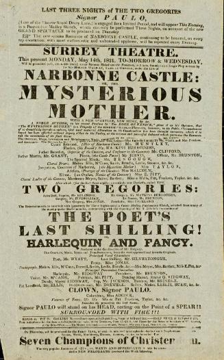 Handbill for Surrey Theatre. May 14, 1821