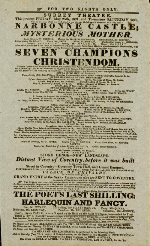 Handbill for Surrey Theatre. May 25, 1821