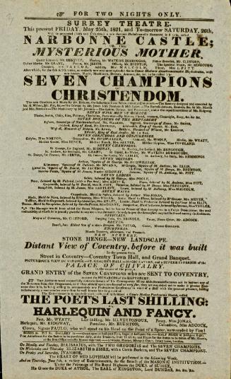 Handbill for Surrey Theatre. May 25, 1821