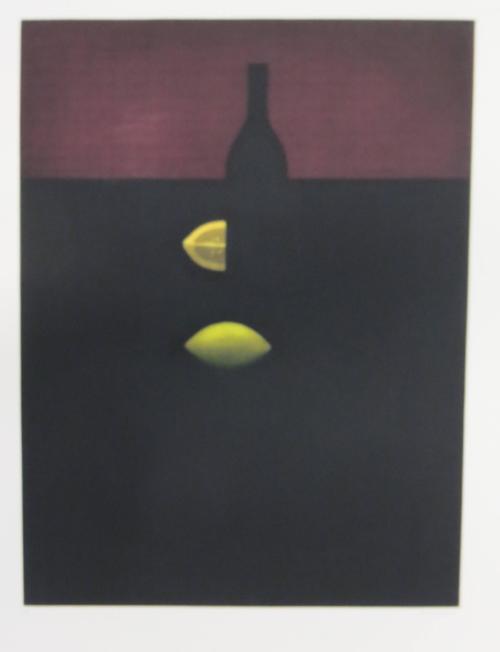 Bottle with Lemons and Red Wall