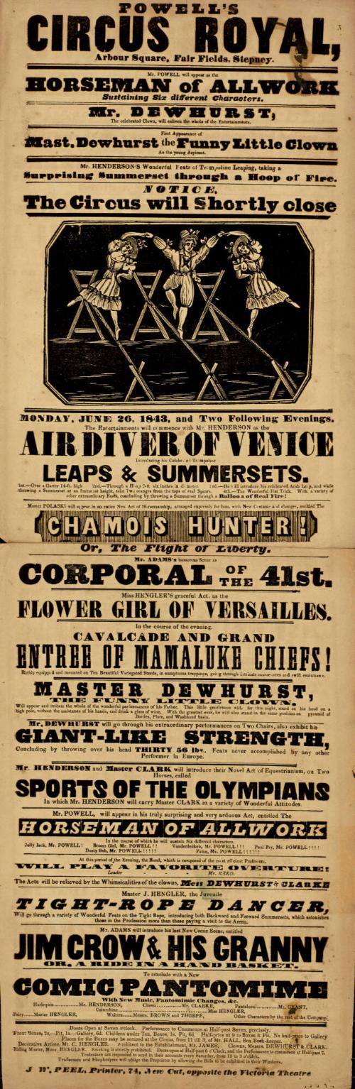 Playbill for Powell's Circus Royal. June 26, 1843