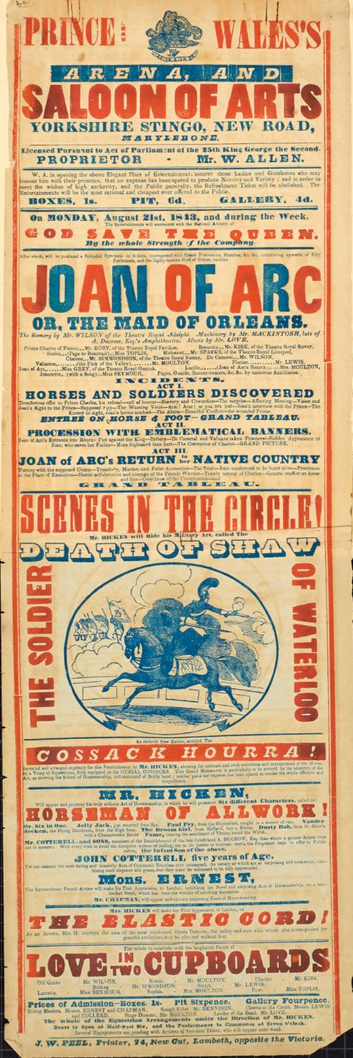 Playbill for Prince of Wales's Arena and Saloon of Arts. August 21, 1843