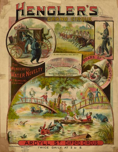 Illustrated advertisement for Hengler's Grand Cirque and Water Novelty. 1891 or later