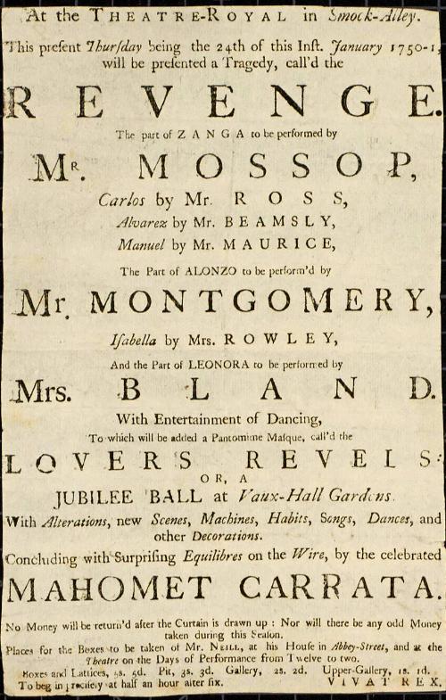 Handbill for Theatre Royal in Smock-Alley. January 1750