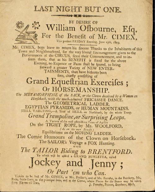 Handbill advertising a benefit for Mr. Cimex. June 17, 1803