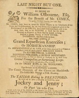 Handbill advertising a benefit for Mr. Cimex. June 17, 1803