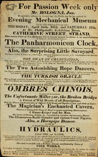 Bill for Mr. Bologna's Evening Mechanical Museum. April 15, 1813