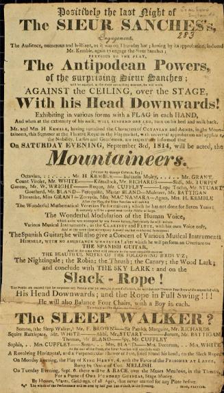 Handbill for performances in Scarboro England. September 3, 1814