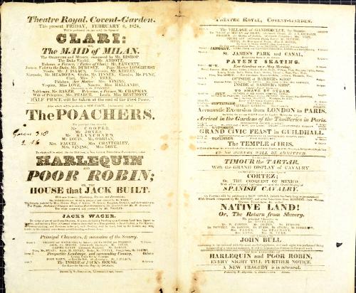 Double Page handbill for Theatre Royal, Covent Garden. February 6, 1824