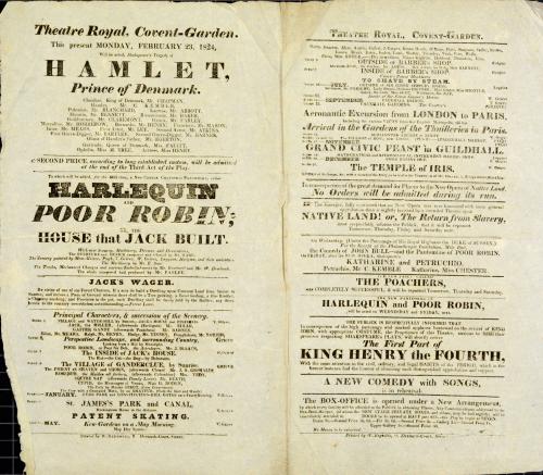 Double Page handbill for Theatre Royal, Covent Garden. February 23, 1824