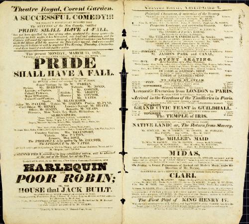 Double Page handbill for Theatre Royal, Covent Garden. March 15, 1824