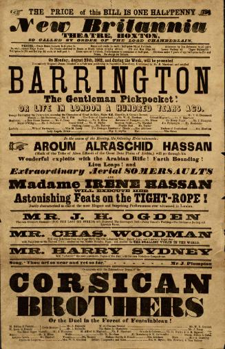 Playbill for New Britannia Theatre, Hoxton. August 25, 1862