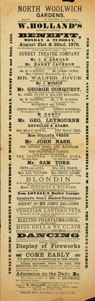 Handbill for North Woolwich Gardens. August 21, 1876