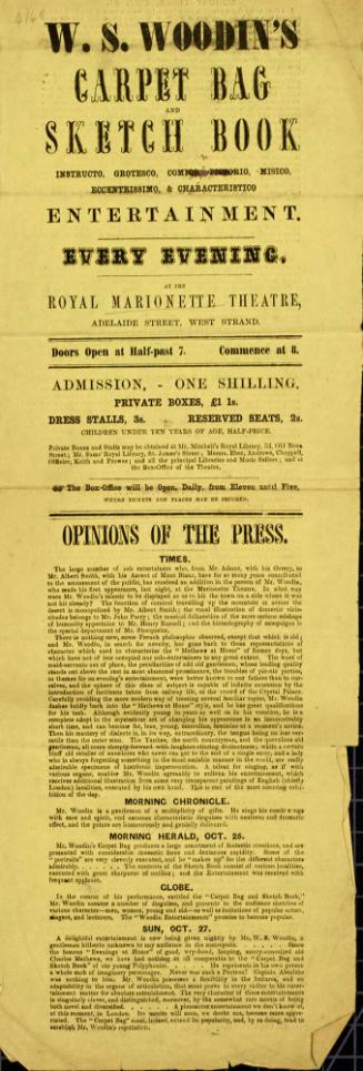 Handbill for W.S. Woodin's Carpet Bag and Sketch Book. October 1856