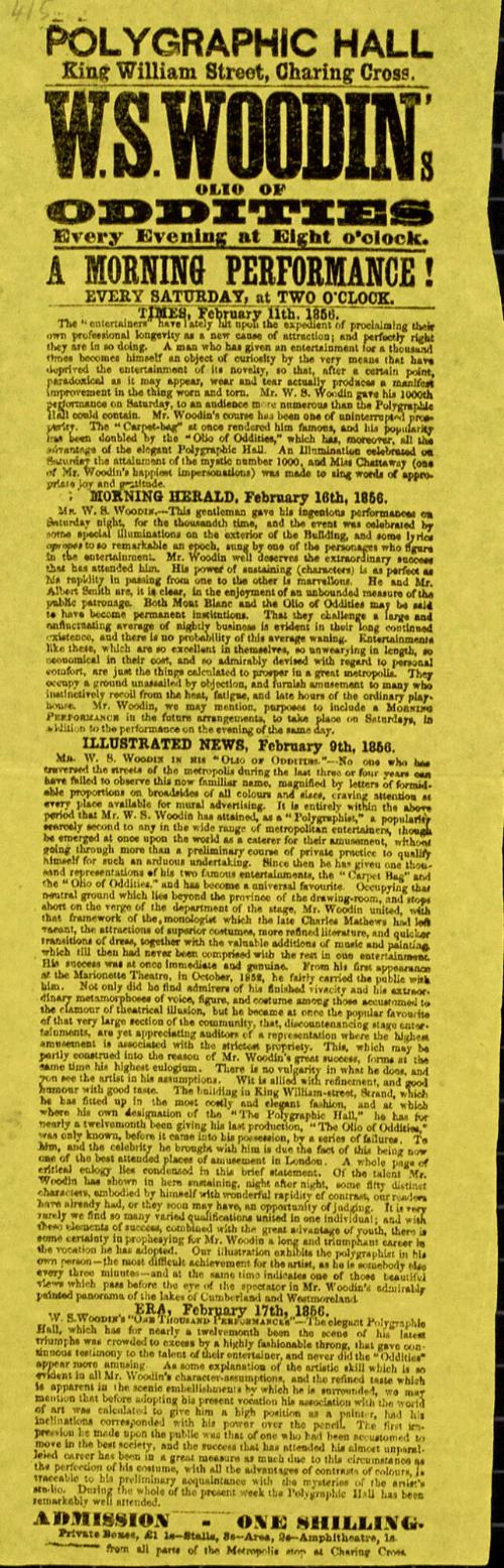 Handbill for Polygraphic Hall, King William Street, Charing Cross. February 11, 1856