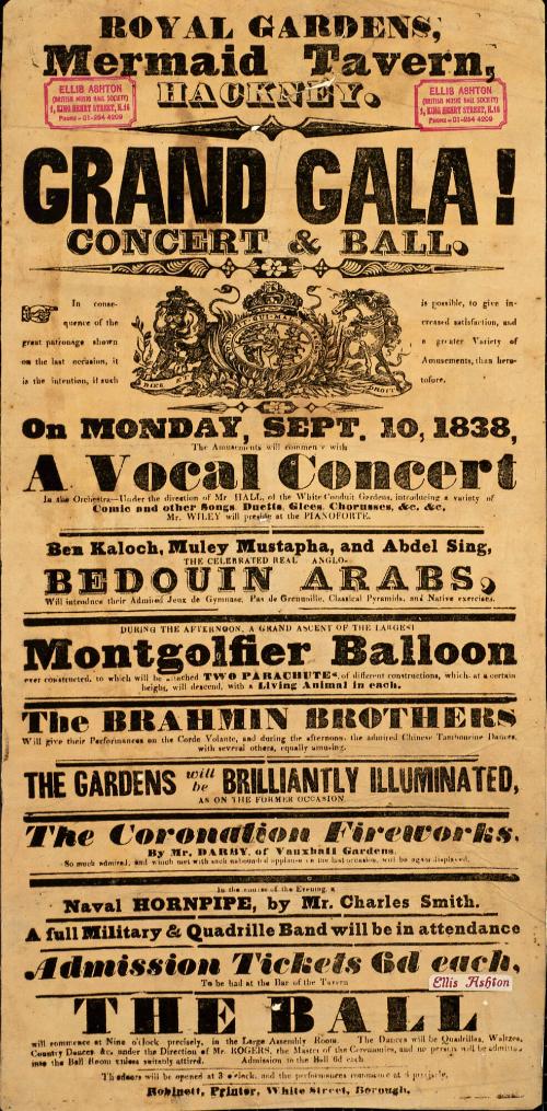 Playbill for Royal Gardens, Mermaid Tavern, Hackney. September 10, 1838