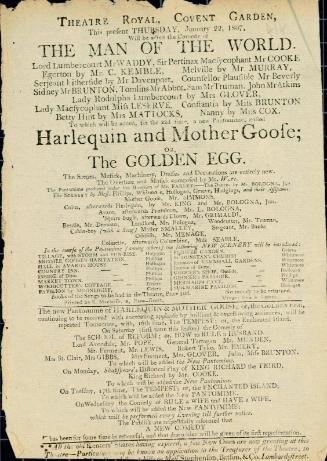 Handbill for Theatre Royal, Covent Garden. January 22, 1807