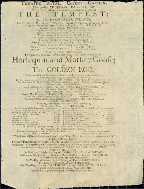 Handbill for Theatre Royal, Covent Garden. February 12, 1807