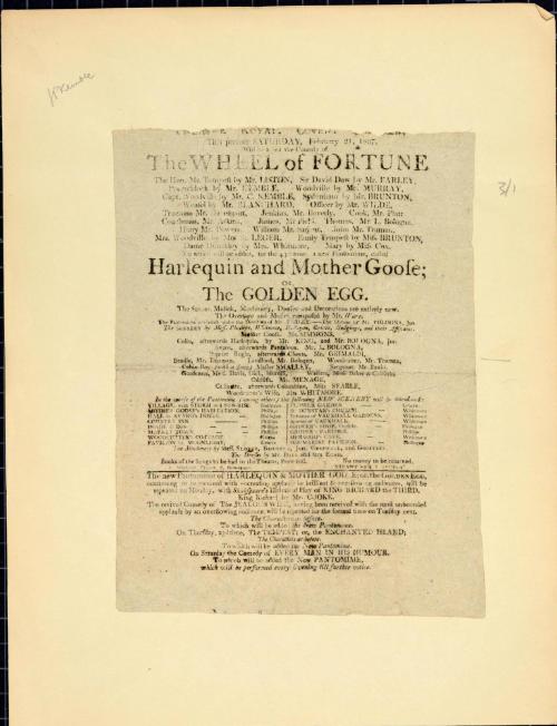 Handbill for Theatre Royal, Covent Garden. February 21, 1807