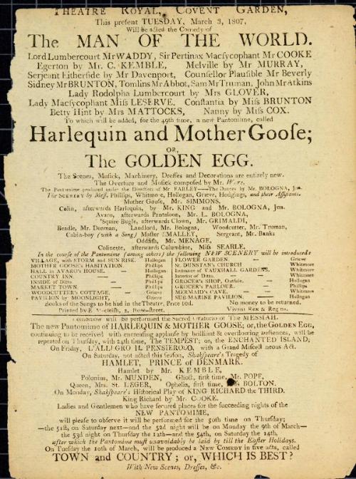 Handbill for Theatre Royal, Covent Garden. March 3, 1807
