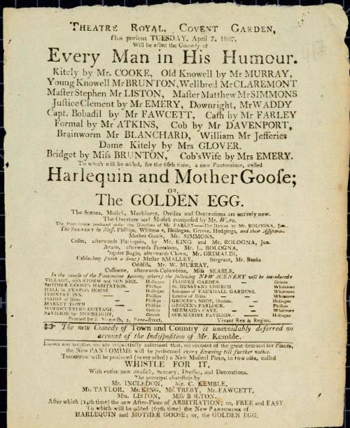 Handbill for Theatre Royal, Covent Garden. April 7, 1807
