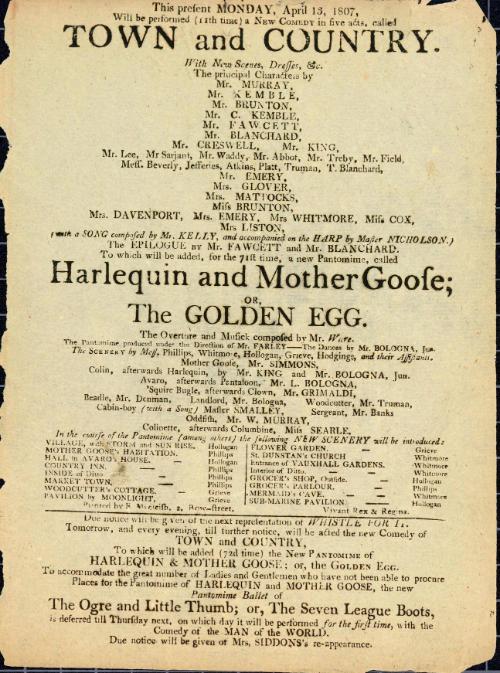 Handbill for Theatre Royal, Covent Garden. April 7, 1807