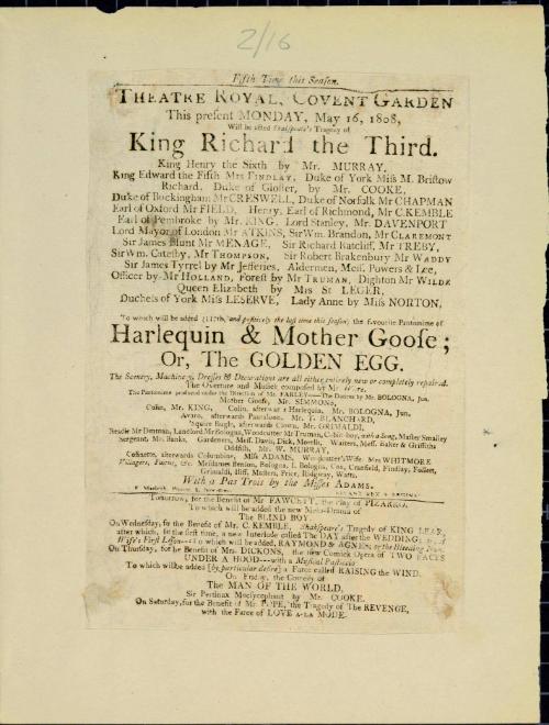 Handbill for Theatre Royal, Covent Garden. May 16, 1808