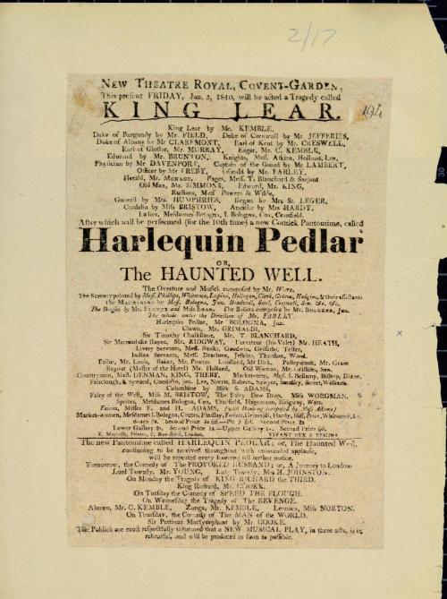 Handbill for Theatre Royal, Covent Garden. January 5, 1810