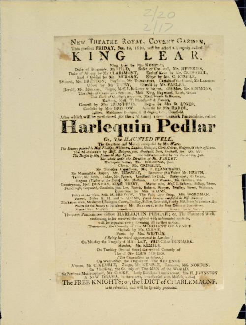 Handbill for Theatre Royal, Covent Garden. January 19, 1810